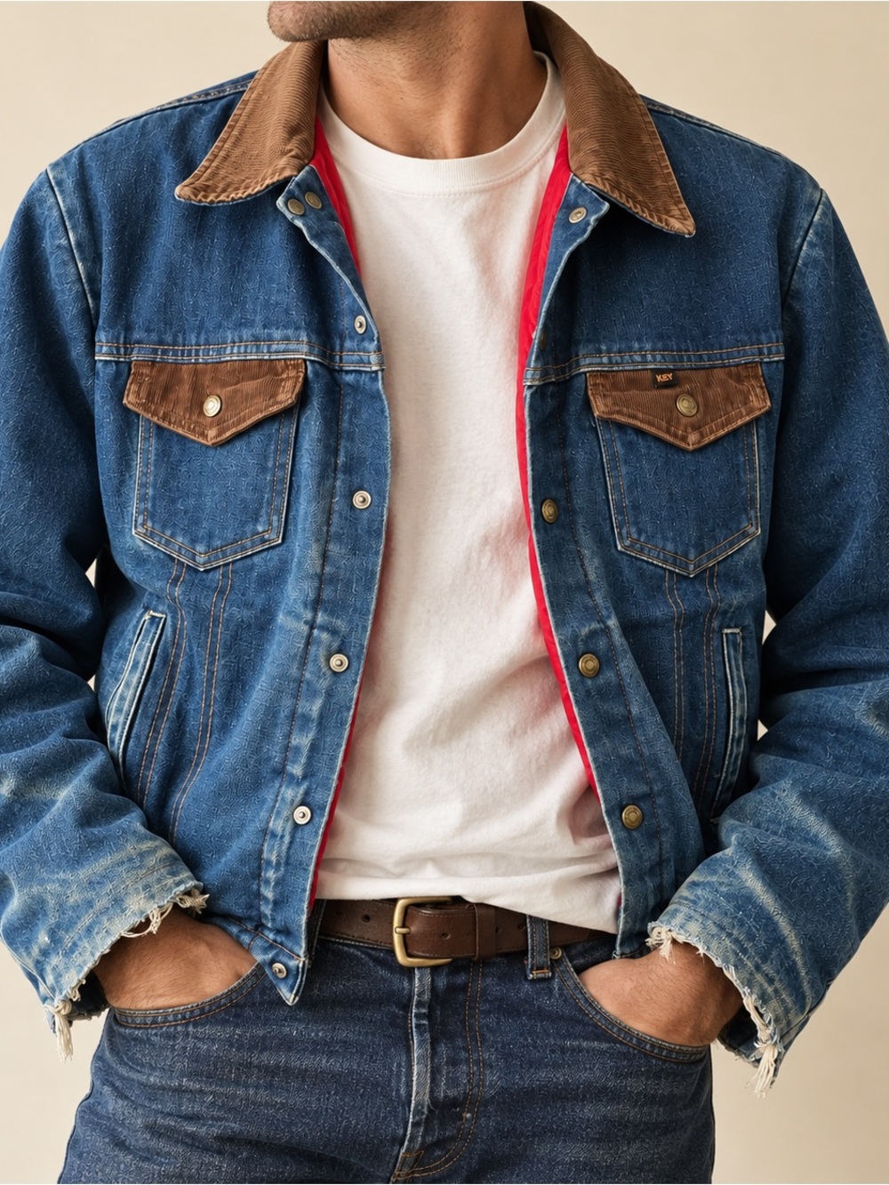 Vintage 70s/80s Key Imperial Denim Workwear Jacket Corduroy Collar Quilted